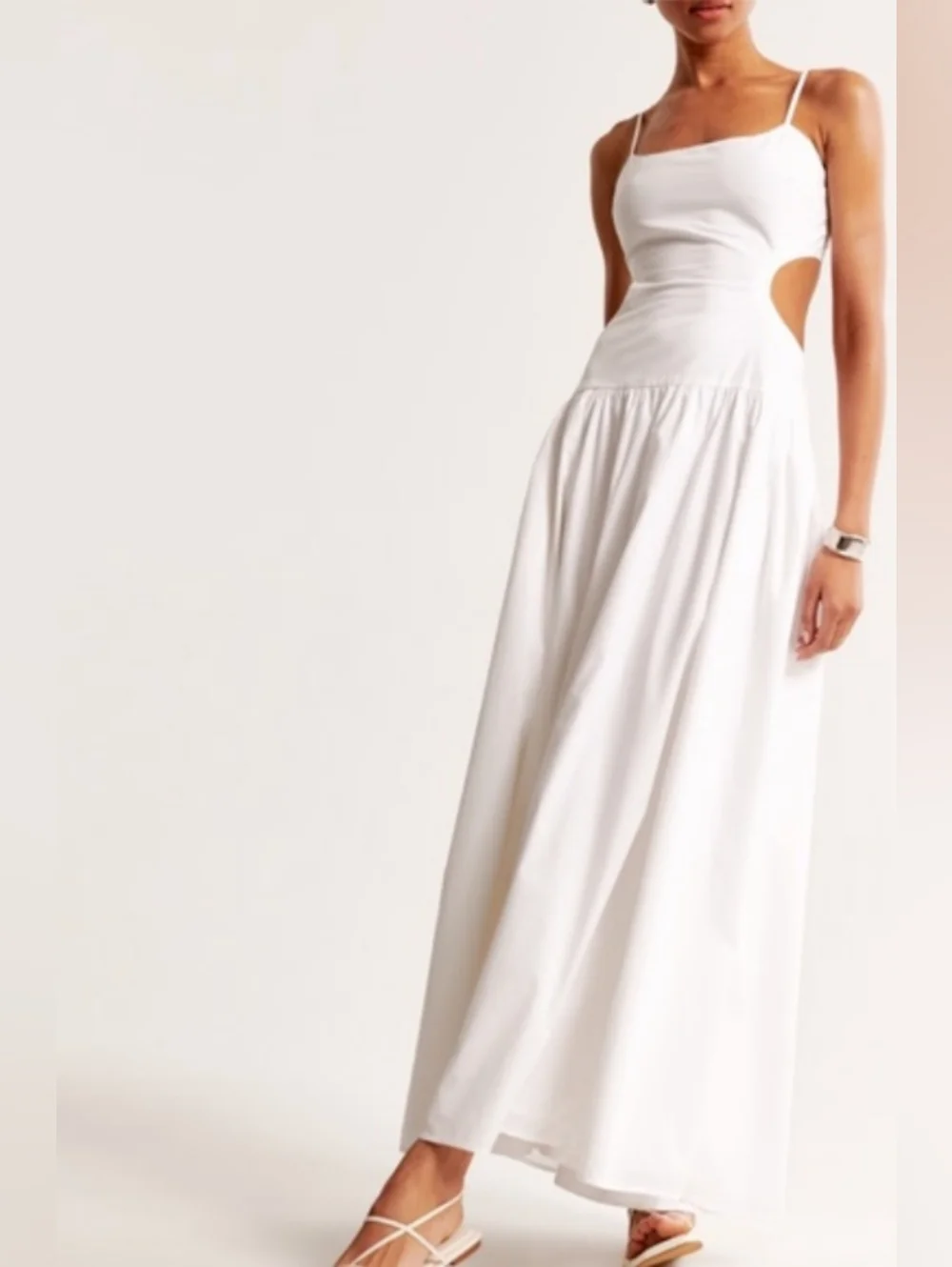 Abercrombie & Fitch Dipped Drop Waist Cutout Maxi Dress White Sleeveless Poplin